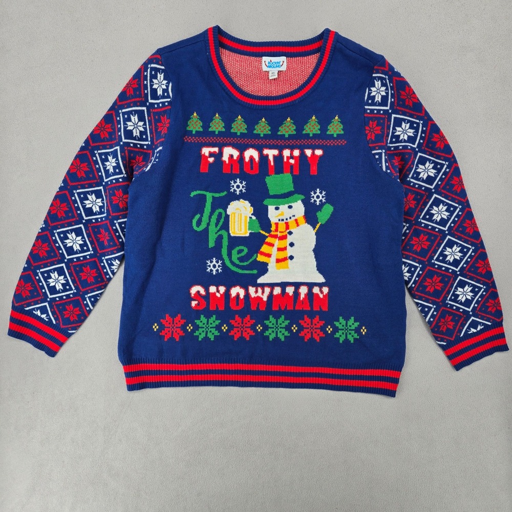 Rockin Around Mens NEW XL Frothy The Snowman Ugly Christmas Sweater Beer Blue